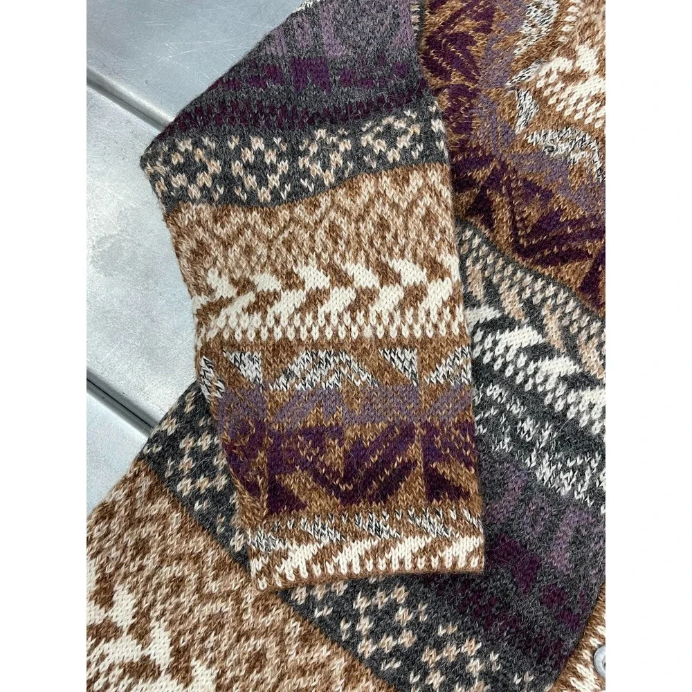 Leo‎ Peressi Alpaca Cardigan Sweater Womens Medium Brown Fair Isle Knit Button